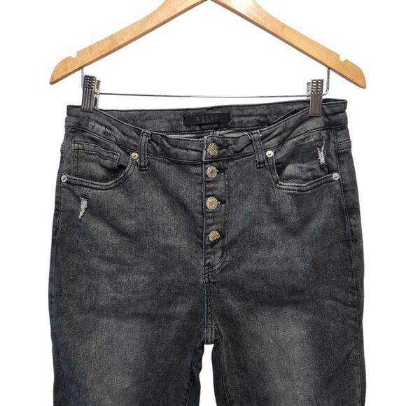 RISEN Jeans Flare Button-Fly Black Distressed Waist 32 Size 15 - Picture 3 of 5